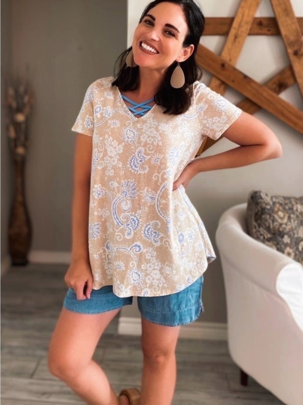 Honeyme Beige Paisley Short Sleeve V-Neck Top with Blue Crisscross